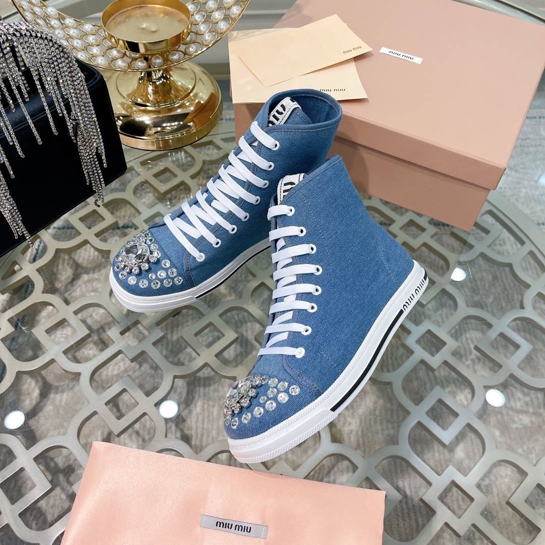 miumiu 靴 レディースコピー カジュアルシューズ ダイヤモンド飾り ファッション 運動シューズ 牛革 ハイカット ブルー_5