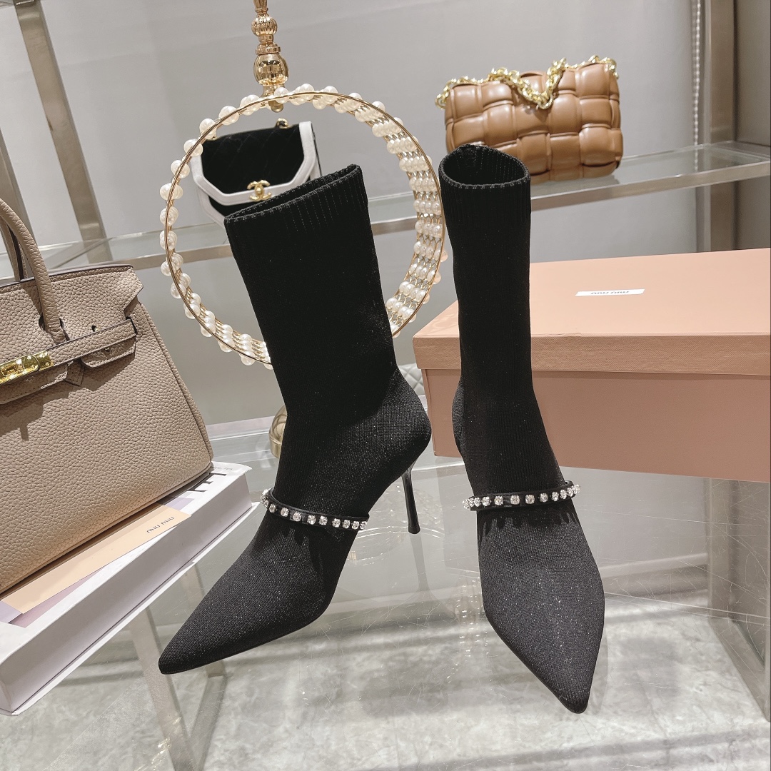 ミュー シューズＮ級品 ブーツ 8.5cmヒール レディース 美脚 細かいヒール 歩きやすい シンプル ファッション ブラック_1