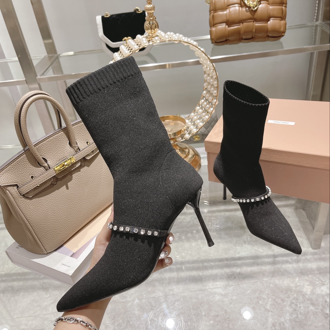 ミュー シューズＮ級品 ブーツ 8.5cmヒール レディース 美脚 細かいヒール 歩きやすい シンプル ファッション ブラック_3