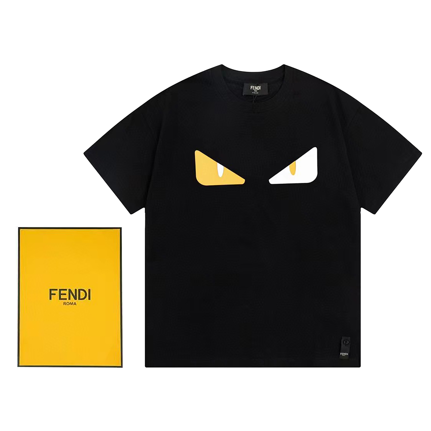 fendi ティー シャツ激安通販 プリント純綿 トップス 半袖 モンスター目プリント 男女兼用 シンプル ブラック_1