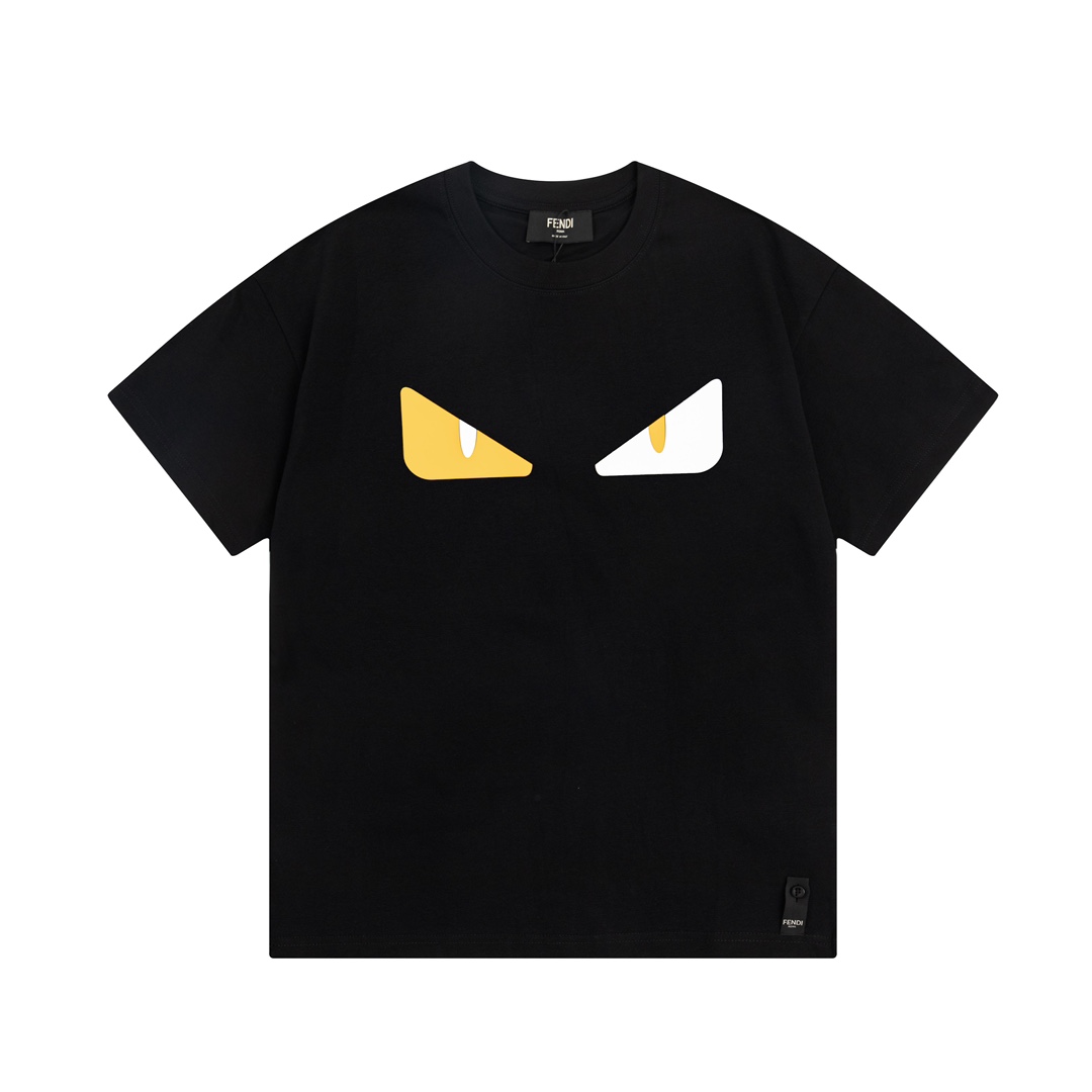 fendi ティー シャツ激安通販 プリント純綿 トップス 半袖 モンスター目プリント 男女兼用 シンプル ブラック_2