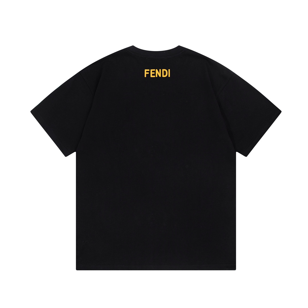 fendi ティー シャツ激安通販 プリント純綿 トップス 半袖 モンスター目プリント 男女兼用 シンプル ブラック_3