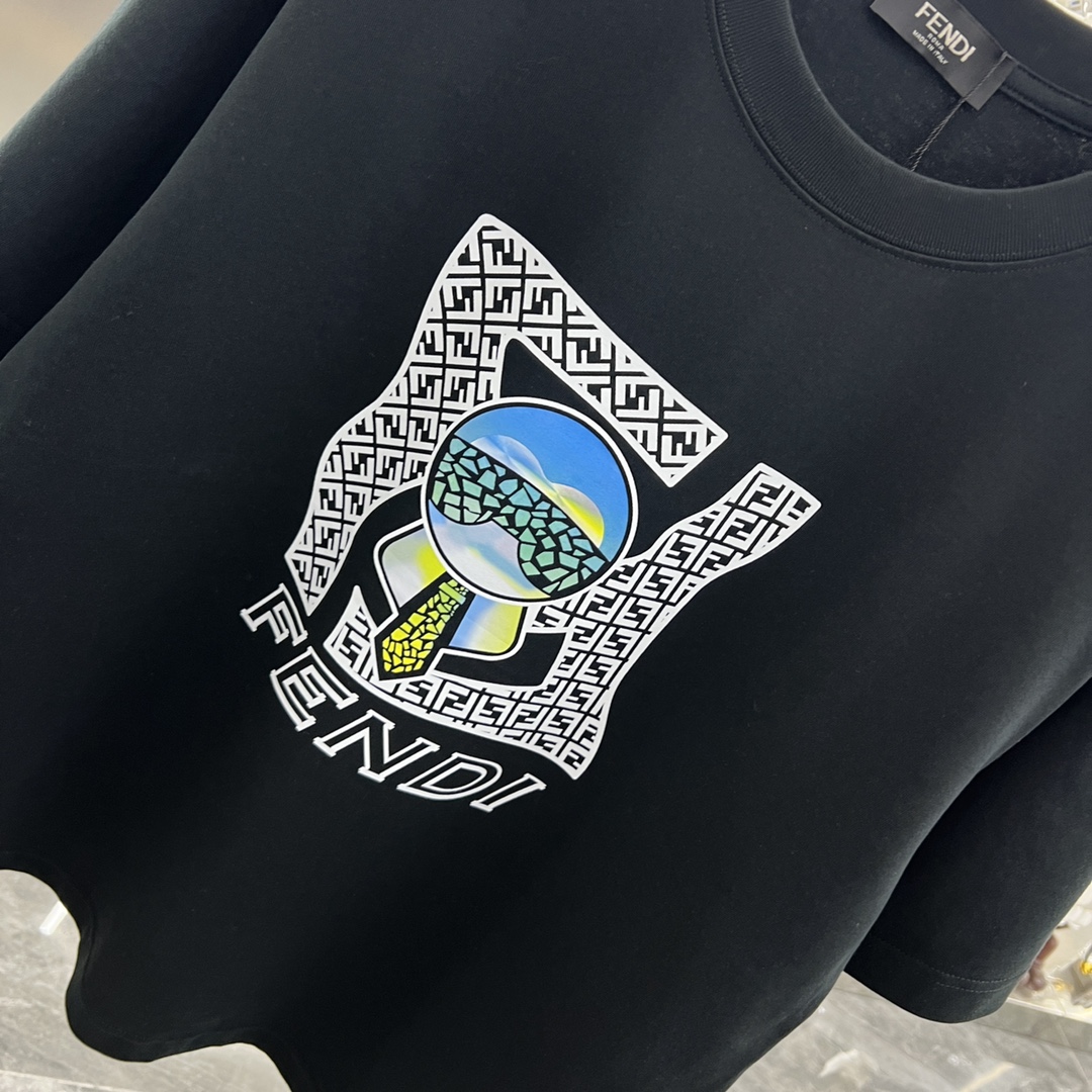 激安大特価最新作の フェンディ シャツ メンズスーパーコピー 短袖 プリント 春服 純綿 トップス Tシャツ 刺繍 男女兼用 ブラック_4