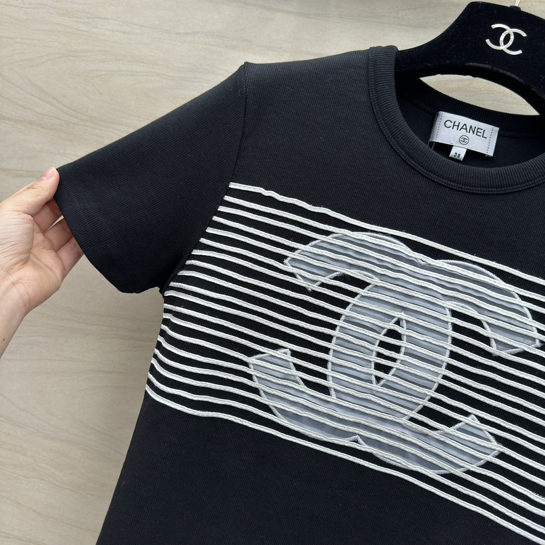 爆買い大得価 chanel メンズ t シャツコピー 半袖 トップス  純綿 柔らかい 縞 刺繍 シンプル ロゴプリント ブラック_3