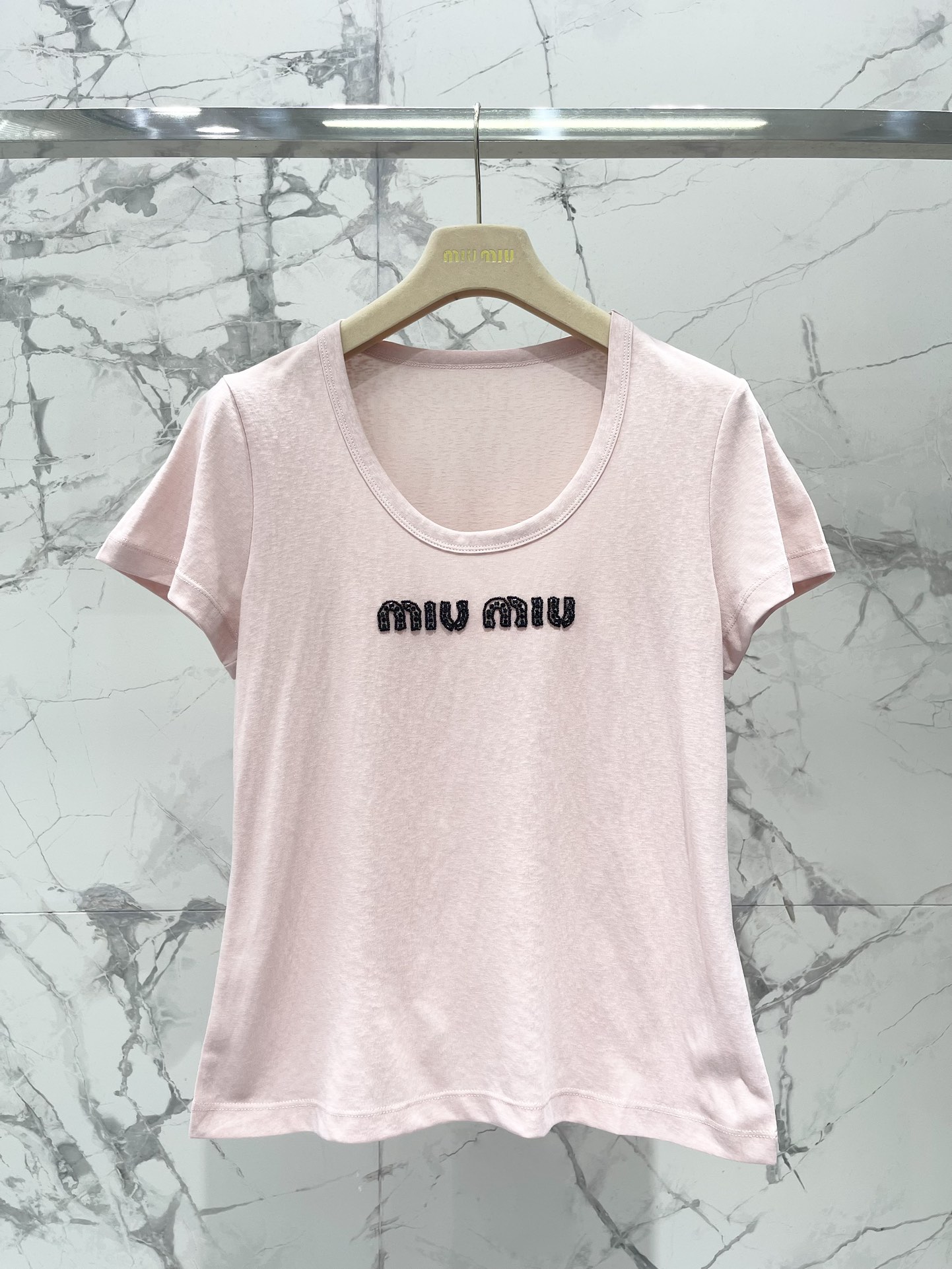 赤字超特価2024 miumiu シャツ メンズ激安通販 純綿 人気 シンプル 短袖 トップス ロゴプリント 薄い ピンク_1