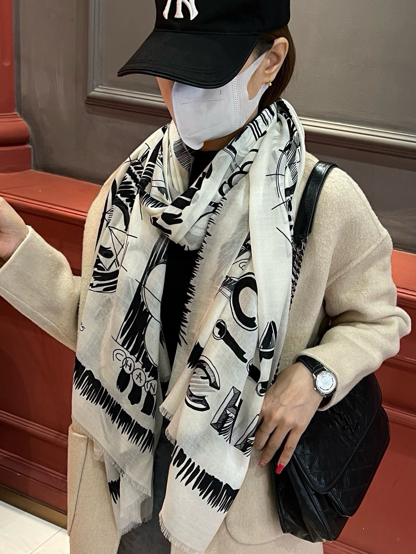 シャネルスカーフ偽物 純カシミヤ, 100%カシミヤ カシミヤは柔らかくスカーフ シルク 大判 ストール ブラック_2