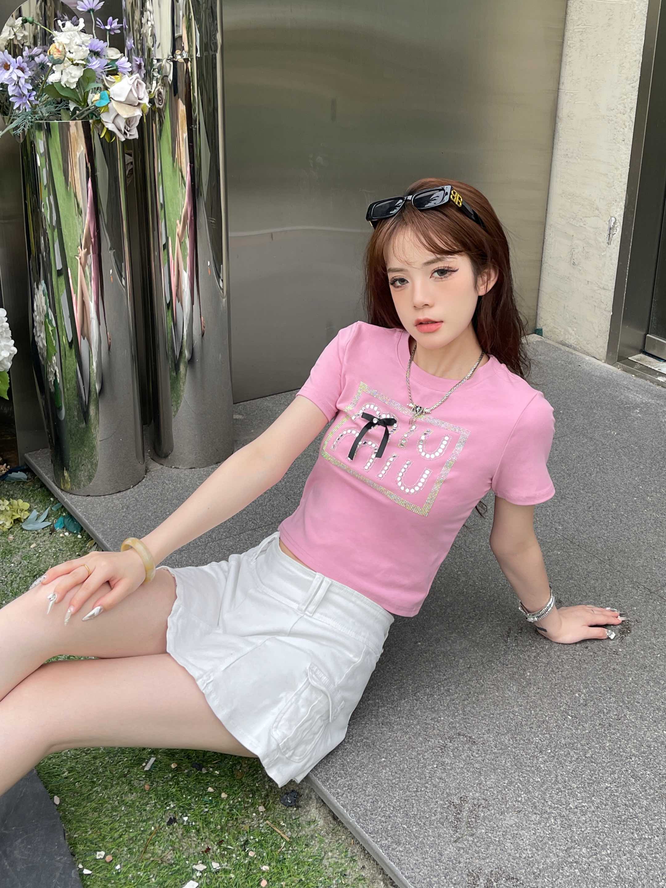ミュウミュウ ロンt偽物 純綿 トップス Tシャツ 少女感 ショット 柔らかい セクシー ファッション ピンク_4