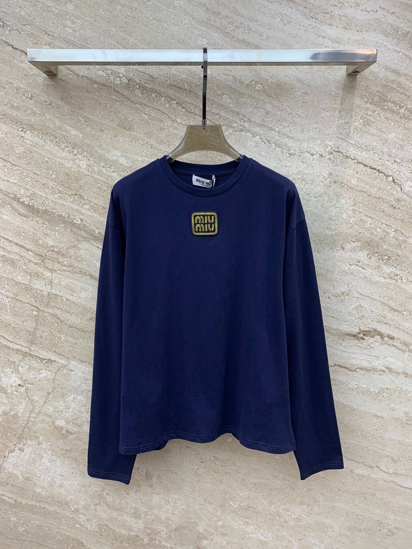 HOT 2024夏の定番 ミュウミュウツイストＮ級品 純綿 トップス Tシャツ 長袖 柔らかい シンプル ロゴ刺繍 ブルー_1