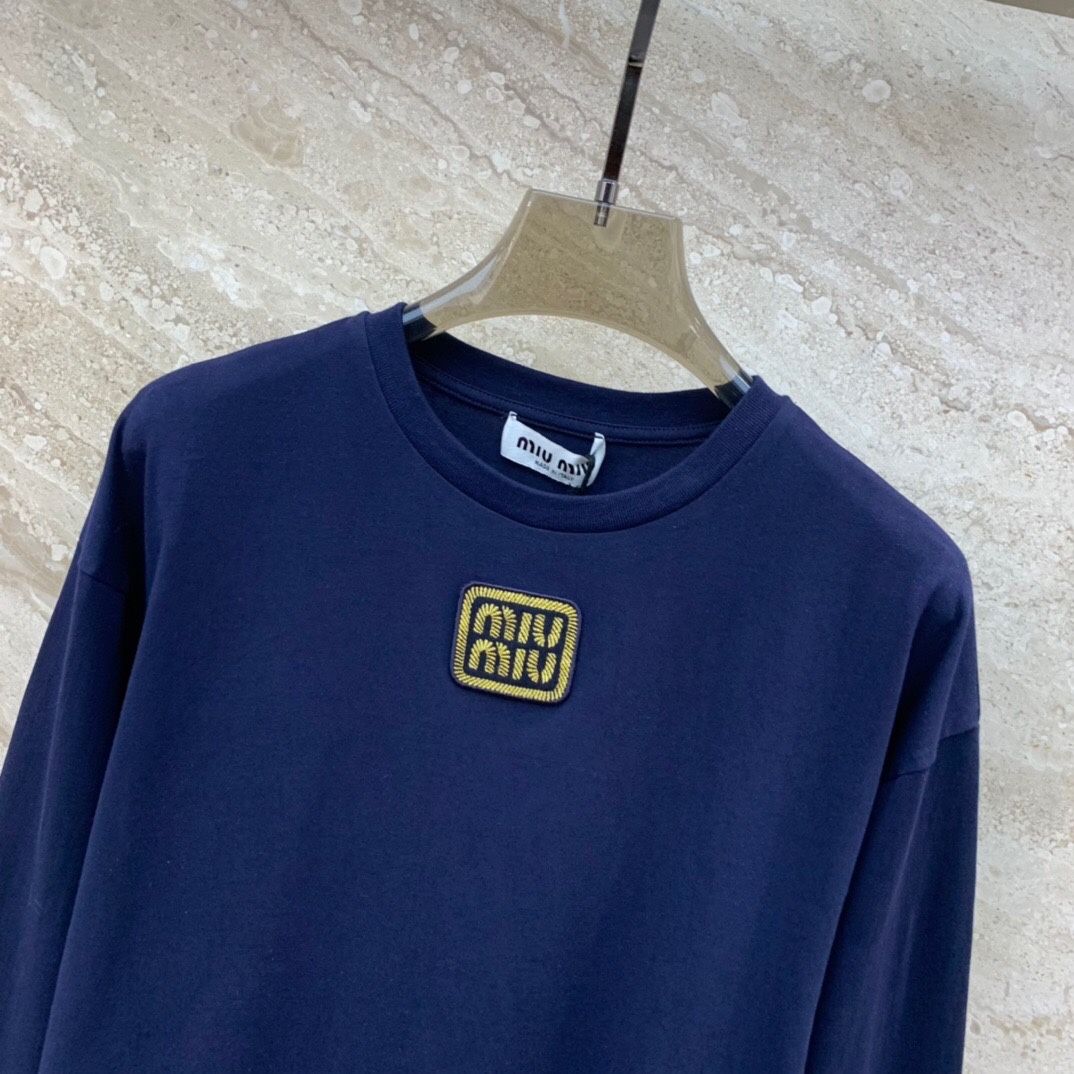 HOT 2024夏の定番 ミュウミュウツイストＮ級品 純綿 トップス Tシャツ 長袖 柔らかい シンプル ロゴ刺繍 ブルー_3