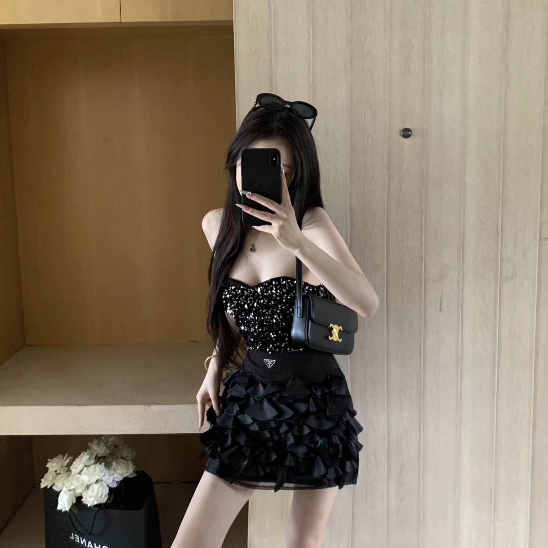 人気新作 prada スカート偽物 花飾り 手作り セクシー レディース 優雅 ショットスカート ブラック_2