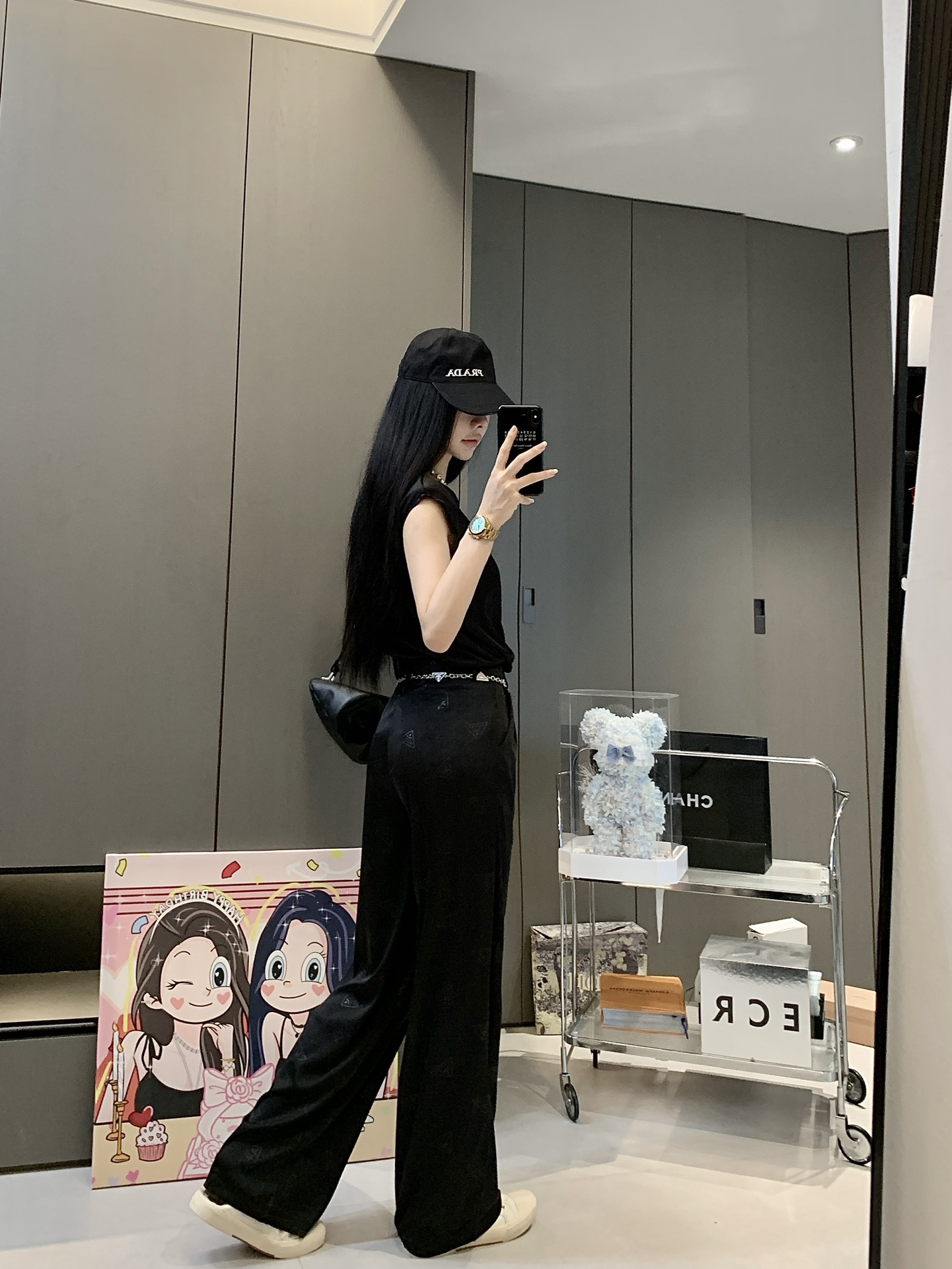 prada 上 着コピー キャミソール カジュアルパンツ ベルト付き 夏服 シンプル レディースセット ブラック_4