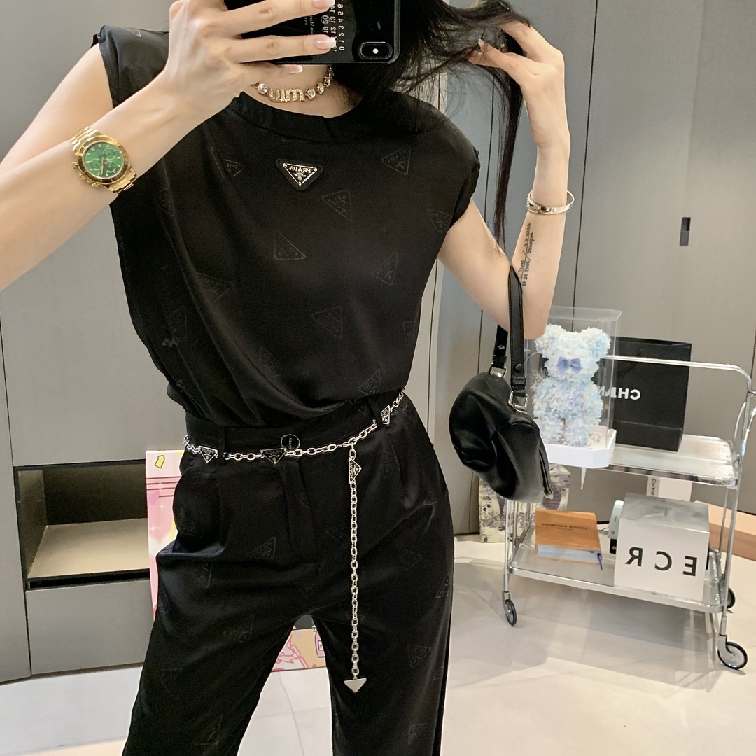 prada 上 着コピー キャミソール カジュアルパンツ ベルト付き 夏服 シンプル レディースセット ブラック_8