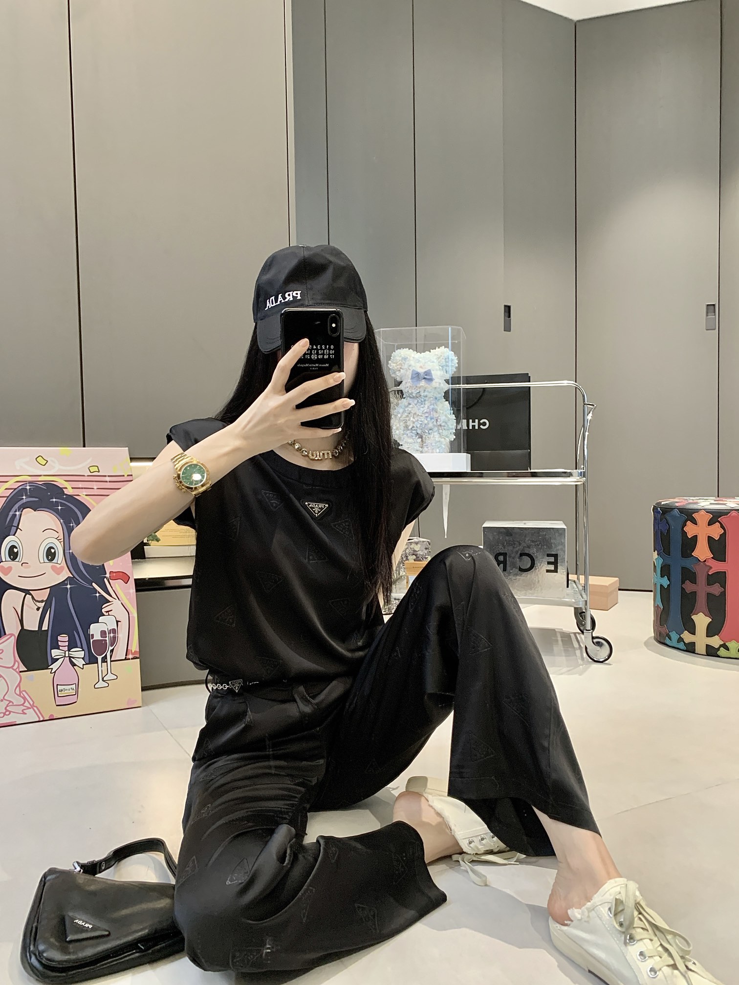prada 上 着コピー キャミソール カジュアルパンツ ベルト付き 夏服 シンプル レディースセット ブラック_9