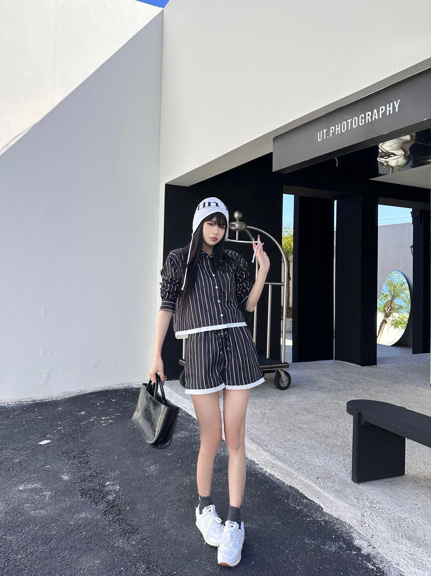プラダ スカート偽物 夏服 シンプル 縞シャツセット ショットパン 長袖シャツ 日焼け止め服 ブラック_2