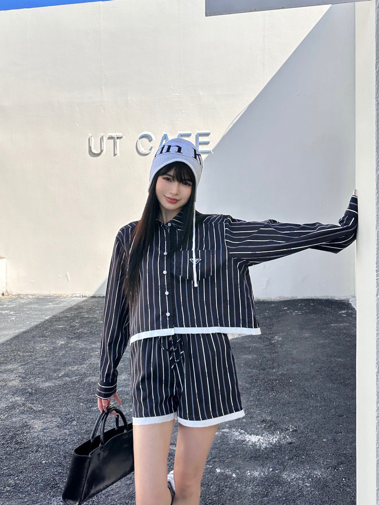 プラダ スカート偽物 夏服 シンプル 縞シャツセット ショットパン 長袖シャツ 日焼け止め服 ブラック_9