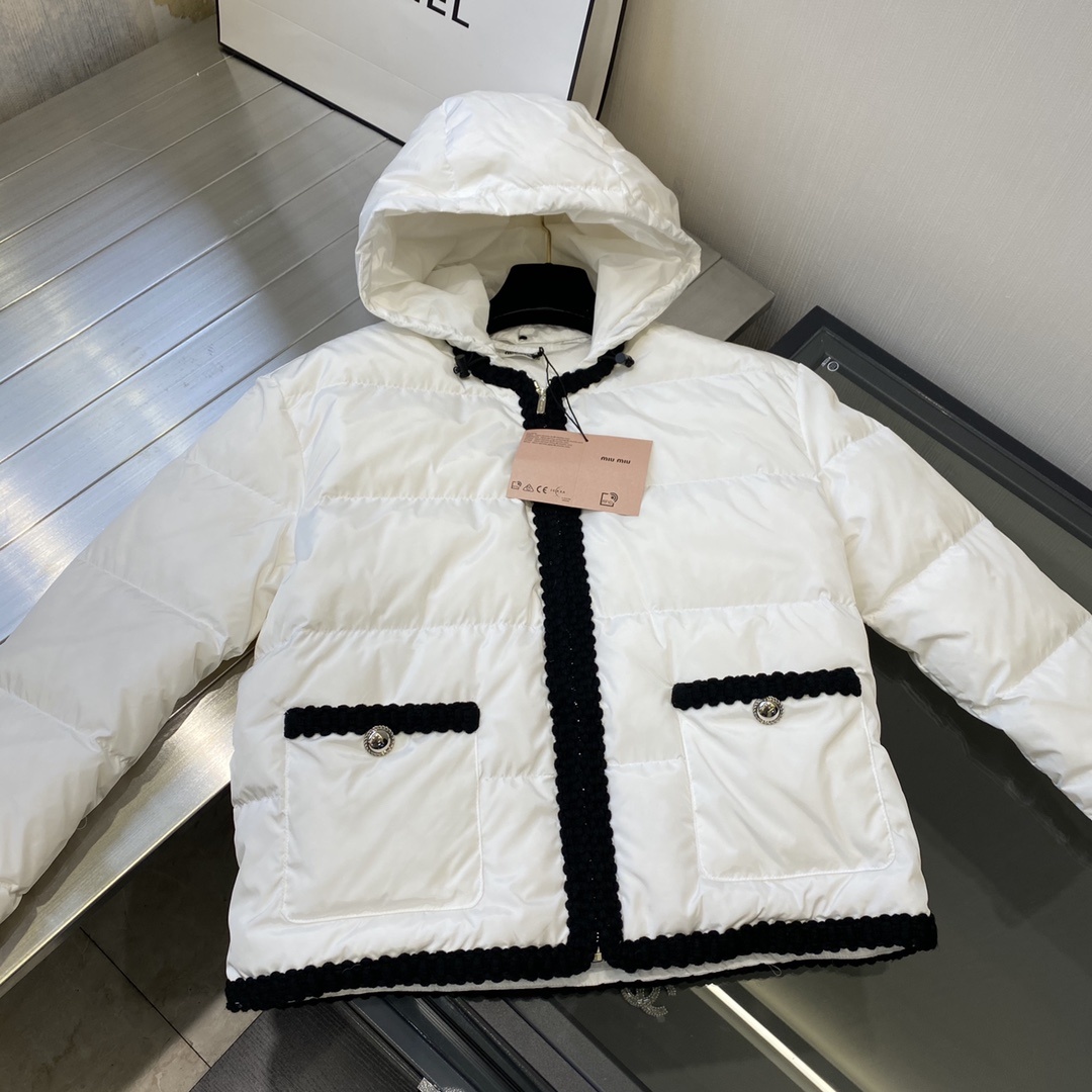 ミュウミュウダウン偽物 トップス ジャケット アウター 保温 柔軟 フード付き シンプル ホワイト_4