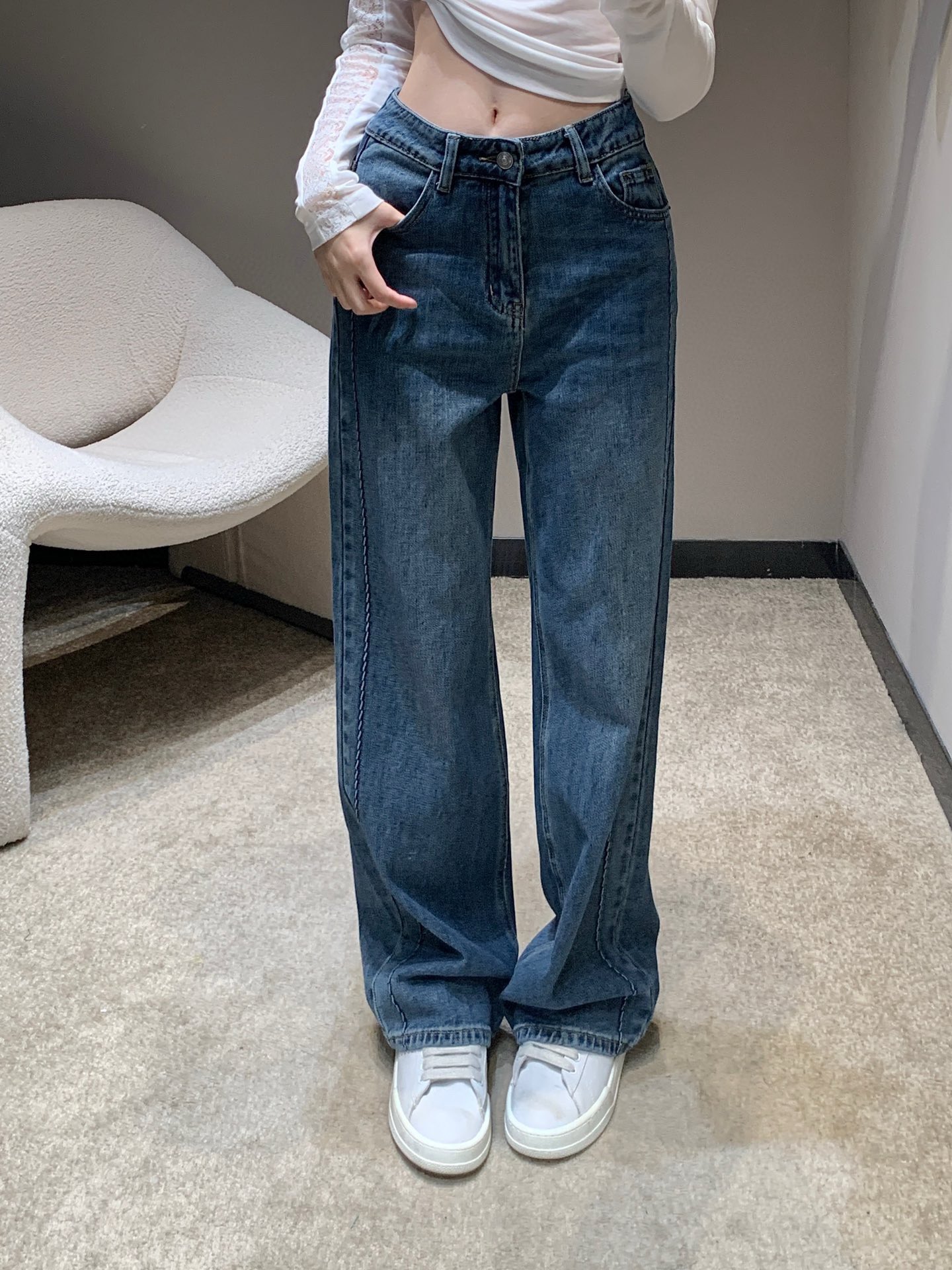 大販売 ディオールジーンズコピー デニム パンツ 弾性がいい シンプル 柔らかい 筒形ズボン ブルー_1