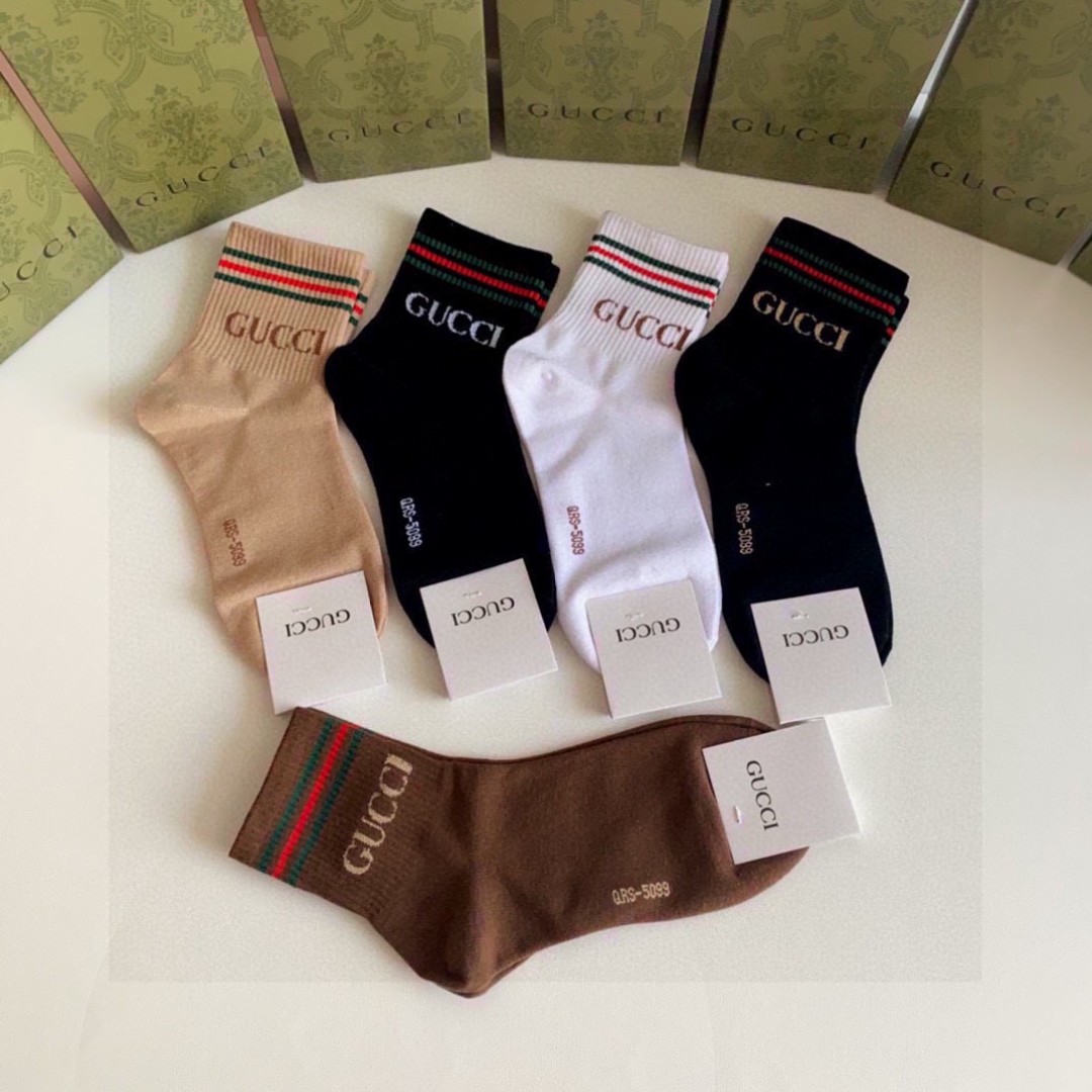 お得品‼グッチ 靴下 ピンクＮ級品 シンプル 純綿 柔らかい 抗菌 ソックス 柔軟 ロング 5足セット_1