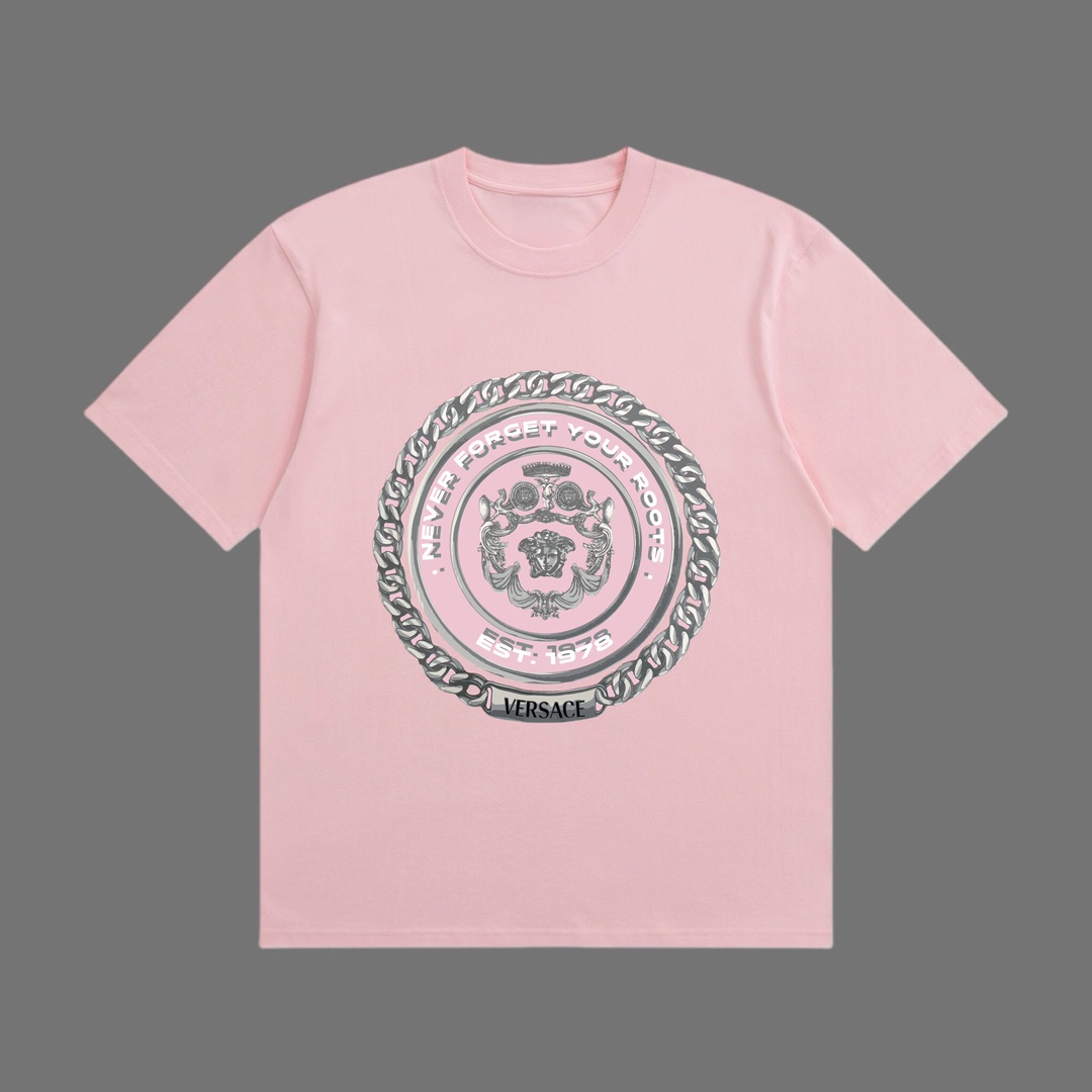 VERSACE ヴェルサーチ ワイシャツスーパーコピー トップス 綿100% 半袖Tシャツ プリント ピンク_1