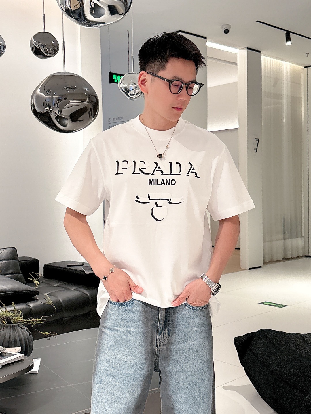 最新販売 prada ティー シャツ メンズ偽物 トップス 短袖Ｔシャツ 純綿 プリント 柔軟 ホワイト_5