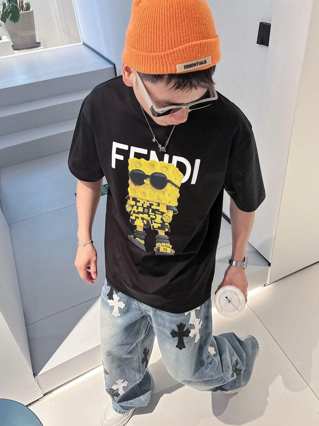 お買い得品 fendi ロゴ t シャツ偽物 夏服 シンプル  純綿 トップス プリント 柔らかい ブラック_3
