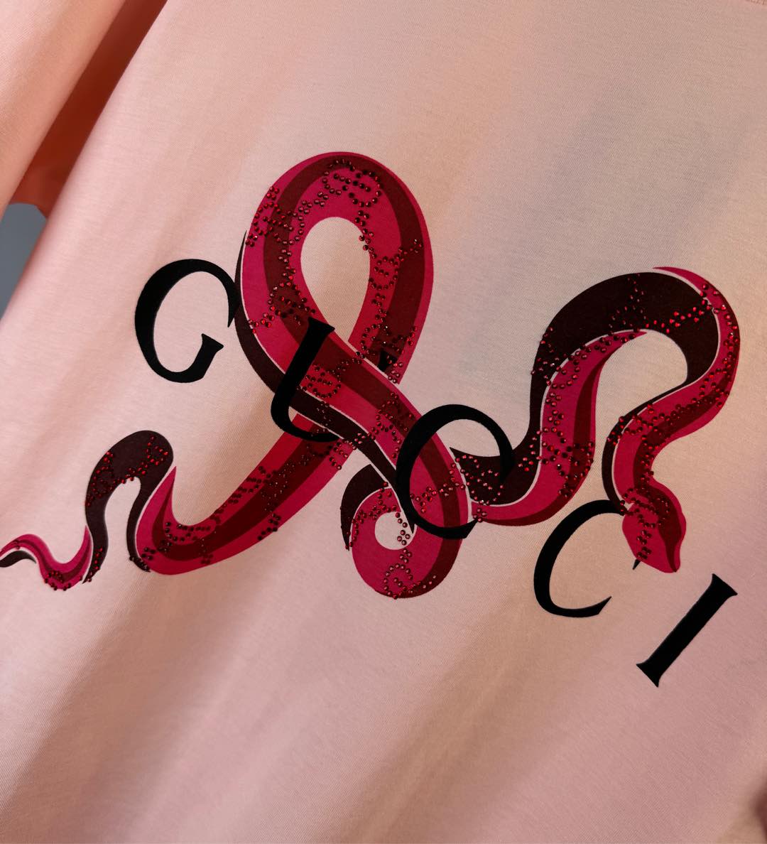 gucci アディダス t シャツ偽物 ゆったり 蛇プリント 100%綿 短袖 トップス 男女兼用 ピンク_5