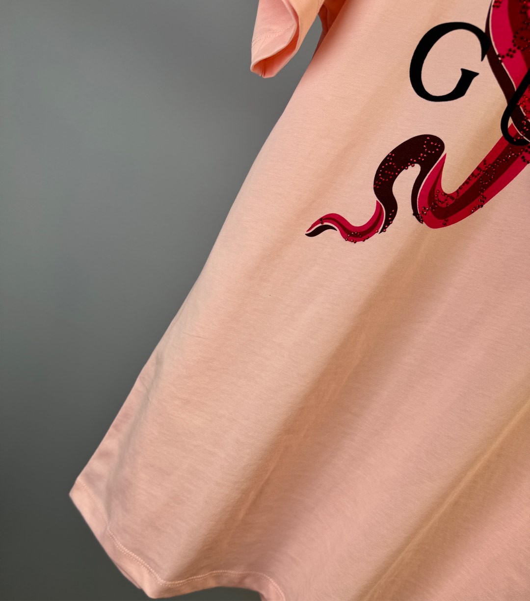 gucci アディダス t シャツ偽物 ゆったり 蛇プリント 100%綿 短袖 トップス 男女兼用 ピンク_6