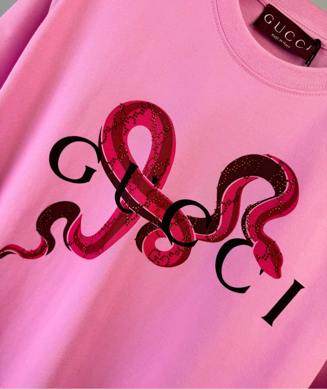 gucci t シャツ 黒Ｎ級品 ゆったり 蛇プリント 100%綿 短袖 トップス 男女兼用 桃色_5