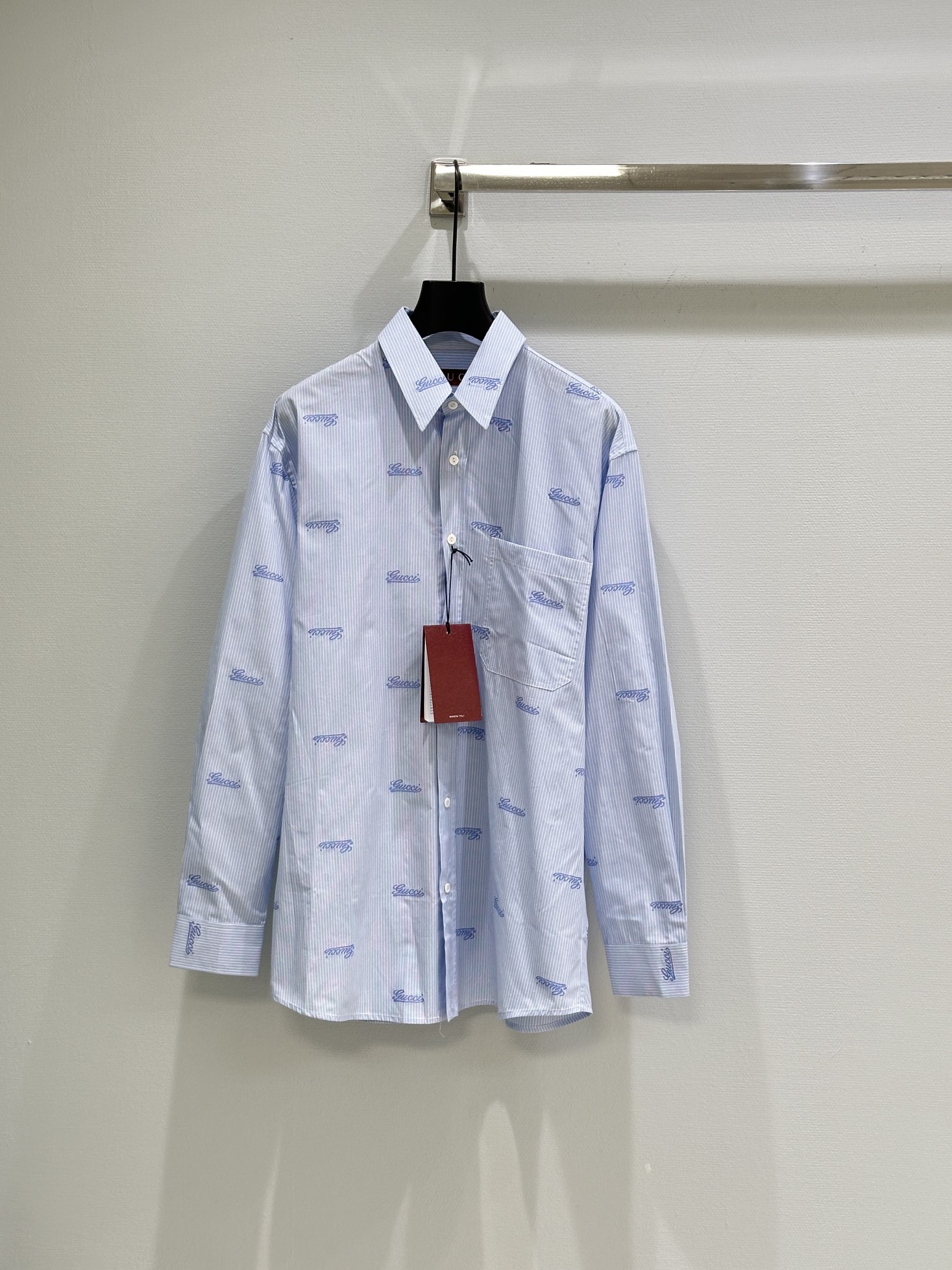 gucci オープン カラー シャツスーパーコピー 通勤 ゆったり 綿 男女兼用 ビジネス ロゴ刺繍 ブルー_1