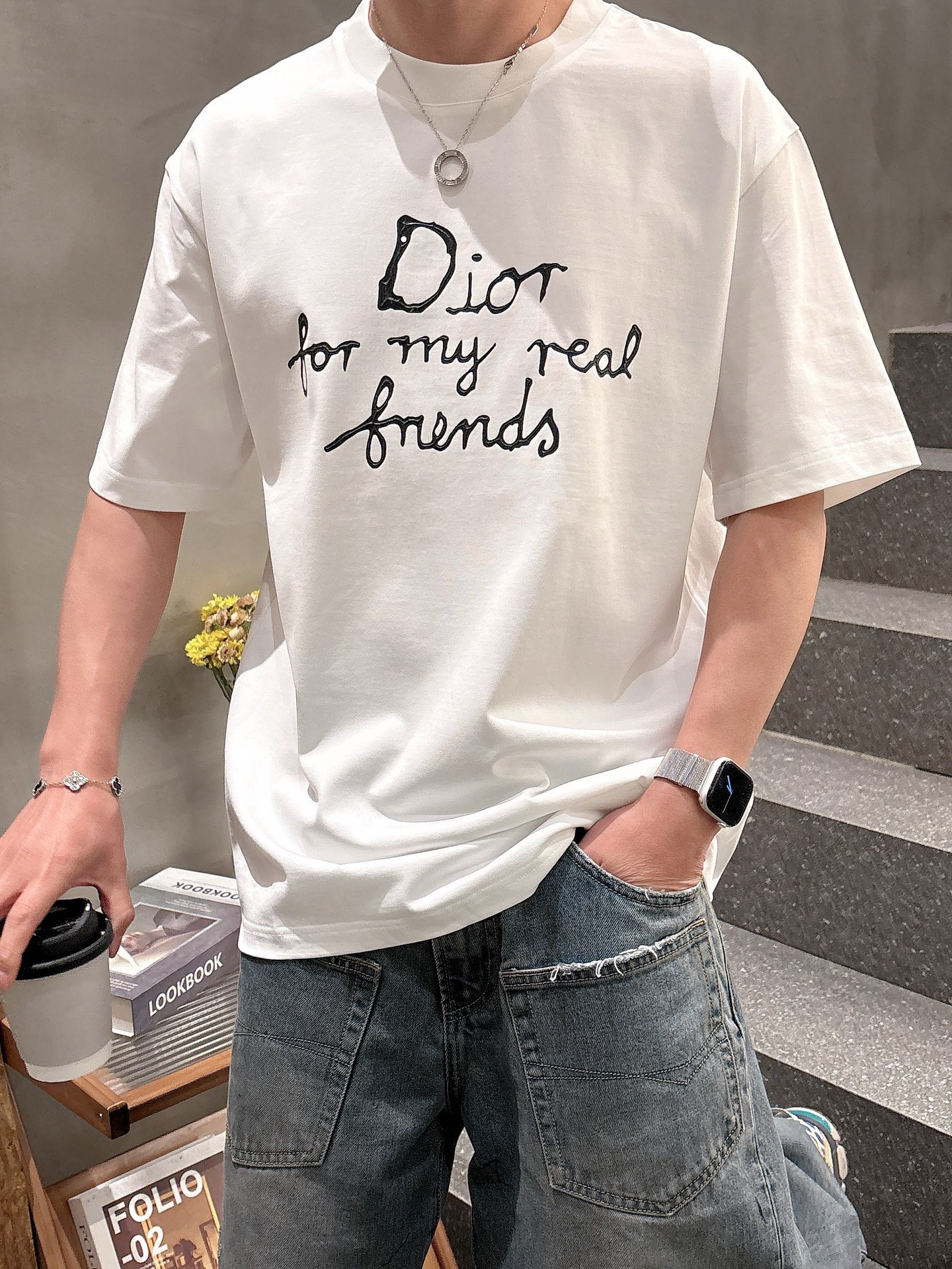 ディオールtシャツコーデコピー 純綿 トップス 短袖 ゆったり プリント 柔らかい シンプル ホワイト_4