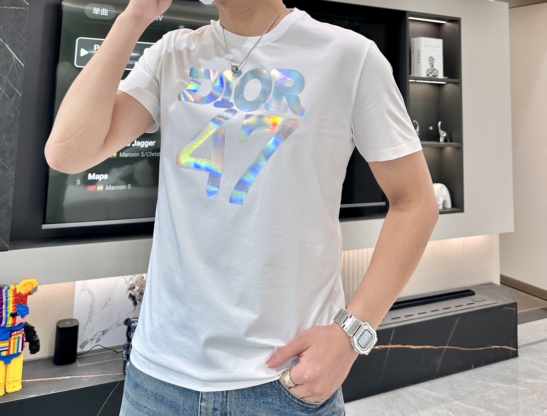 ディオールオム tシャツコピー Tシャツ 純綿 トップス 短袖 ゆったり プリント 柔らかい ホワイト_2