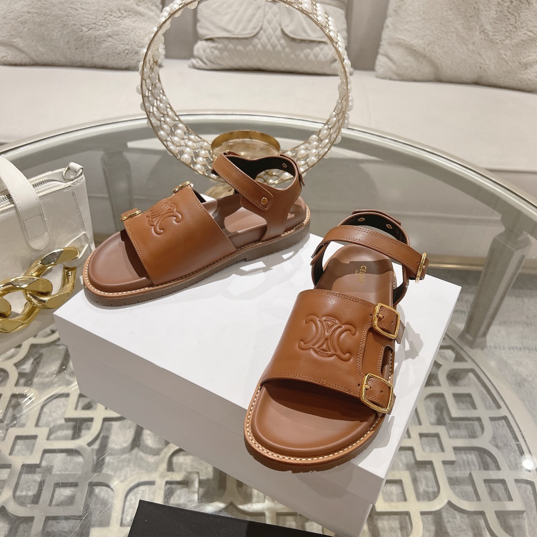celine サンダル偽物 ファッション 本革 レザー スリッパ  上質商品 ブラウン_2