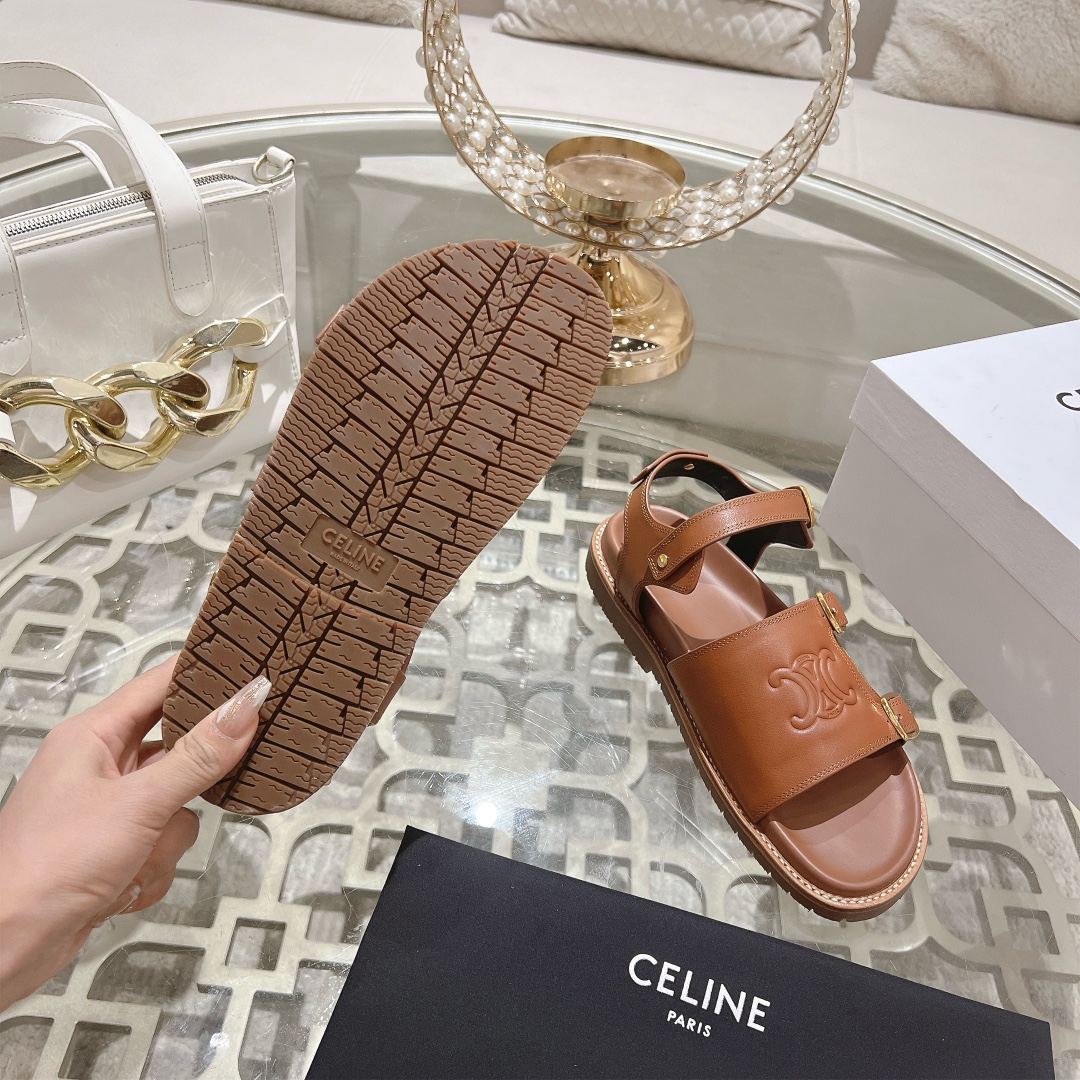 celine サンダル偽物 ファッション 本革 レザー スリッパ  上質商品 ブラウン_3