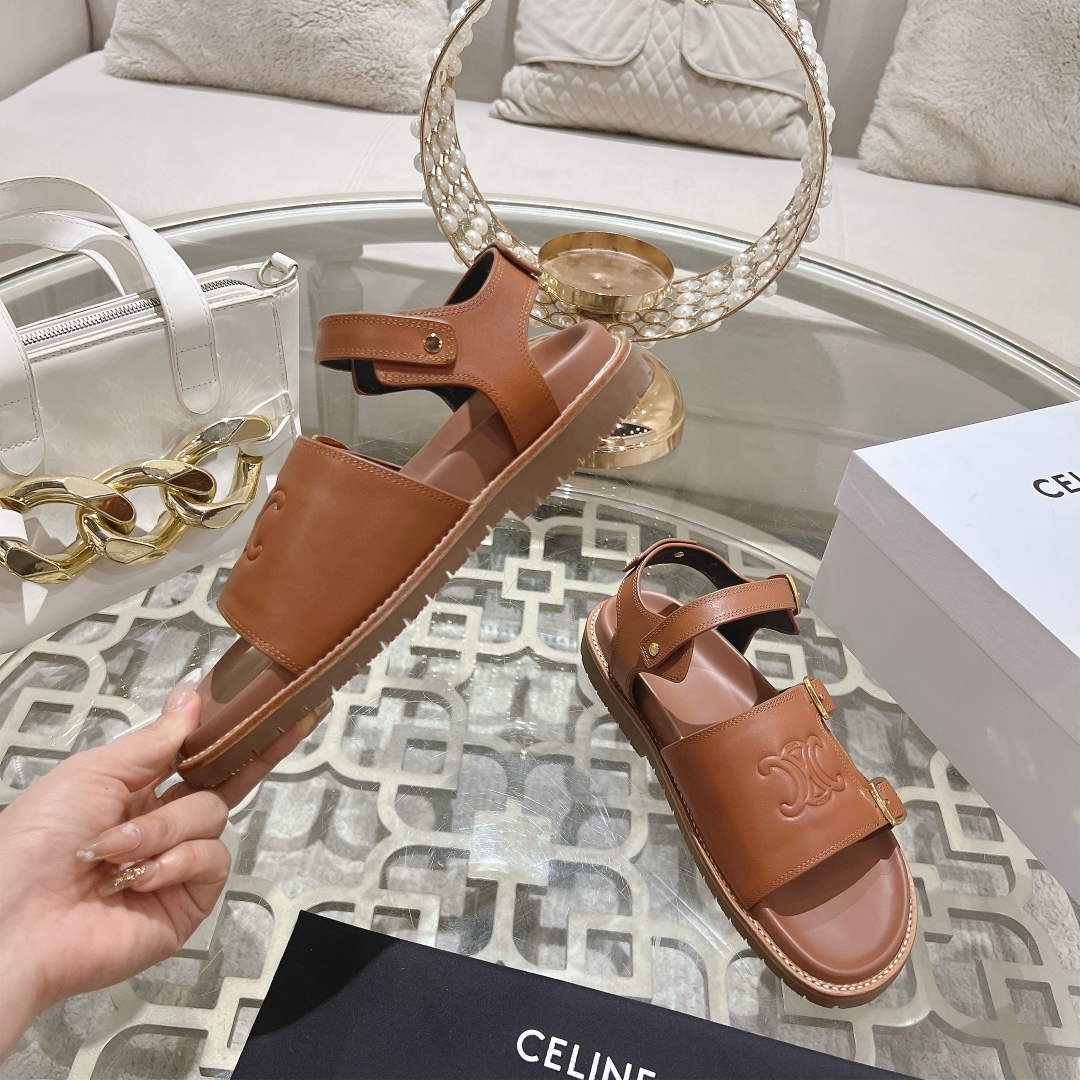 celine サンダル偽物 ファッション 本革 レザー スリッパ  上質商品 ブラウン_5