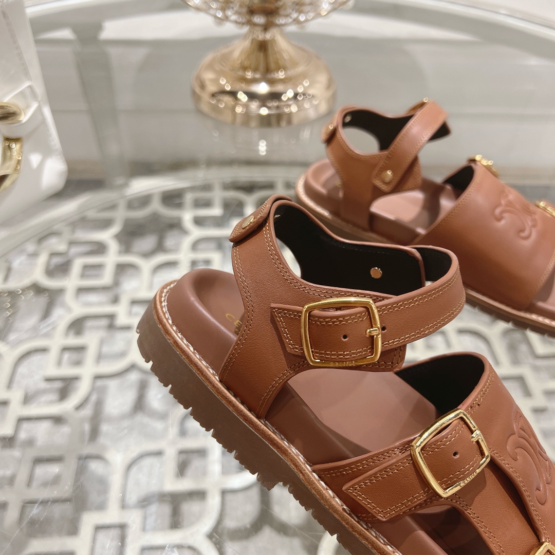 celine サンダル偽物 ファッション 本革 レザー スリッパ  上質商品 ブラウン_6