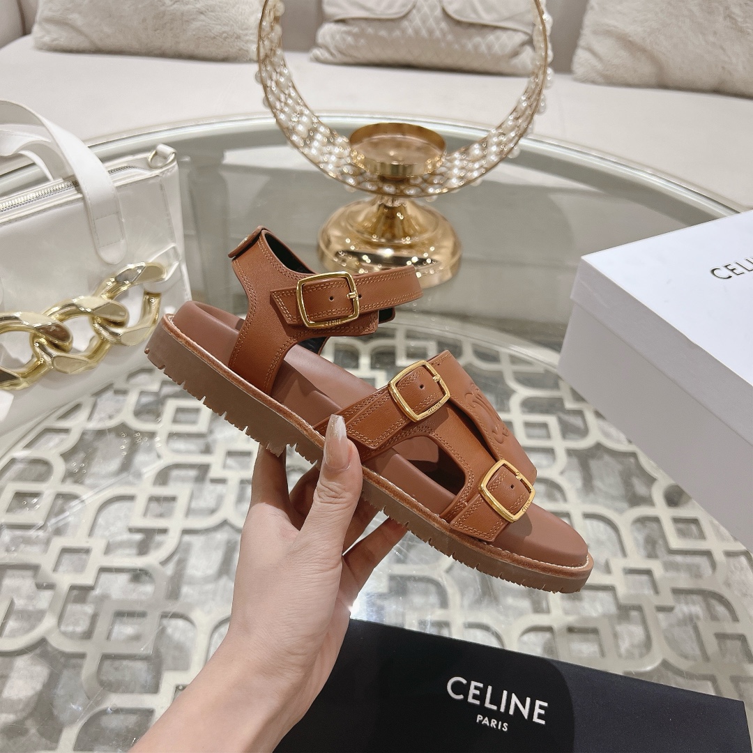 celine サンダル偽物 ファッション 本革 レザー スリッパ  上質商品 ブラウン_7
