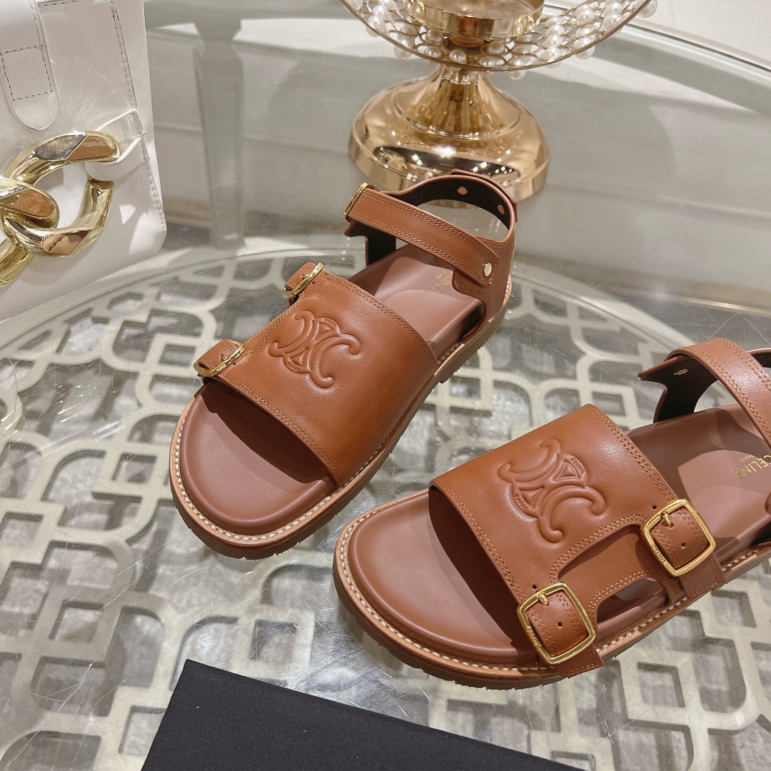 celine サンダル偽物 ファッション 本革 レザー スリッパ  上質商品 ブラウン_8