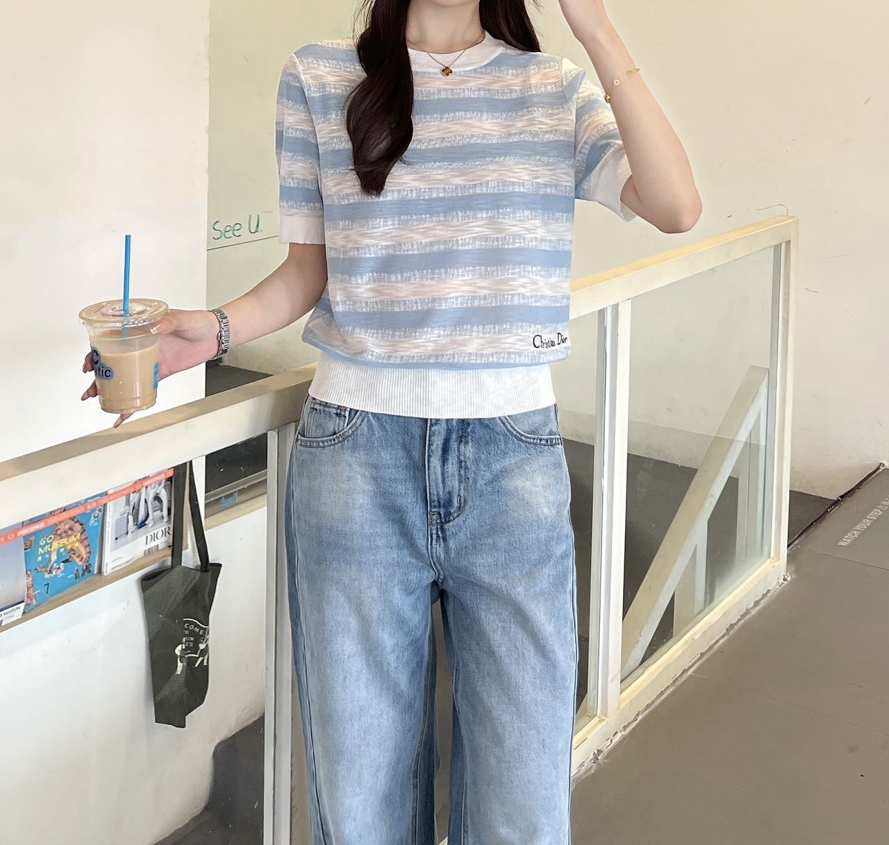 ディオールtシャツメンズスーパーコピー トップス 半袖tシャツ 綿 横縞 シンプル ブルー_2