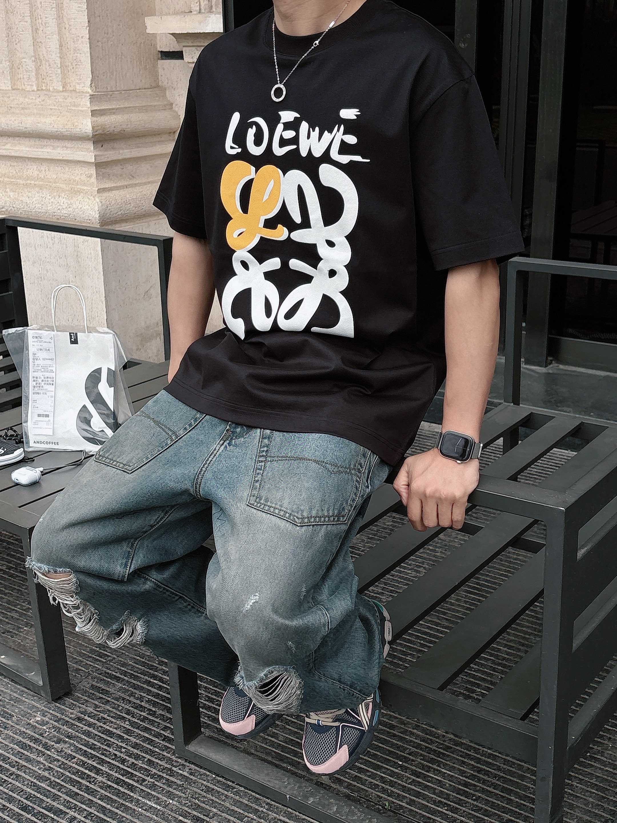 ロエベtシャツ メンズ偽物 シンプル 半袖 トップス 純綿 男女兼用 プリント ブラック_6