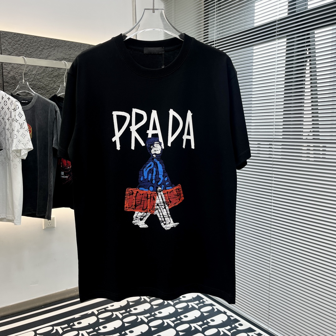 prada t シャツ レディースコピー Ｔシャツ 純綿 トップス 半袖 プリント カジュアル ブラック_1