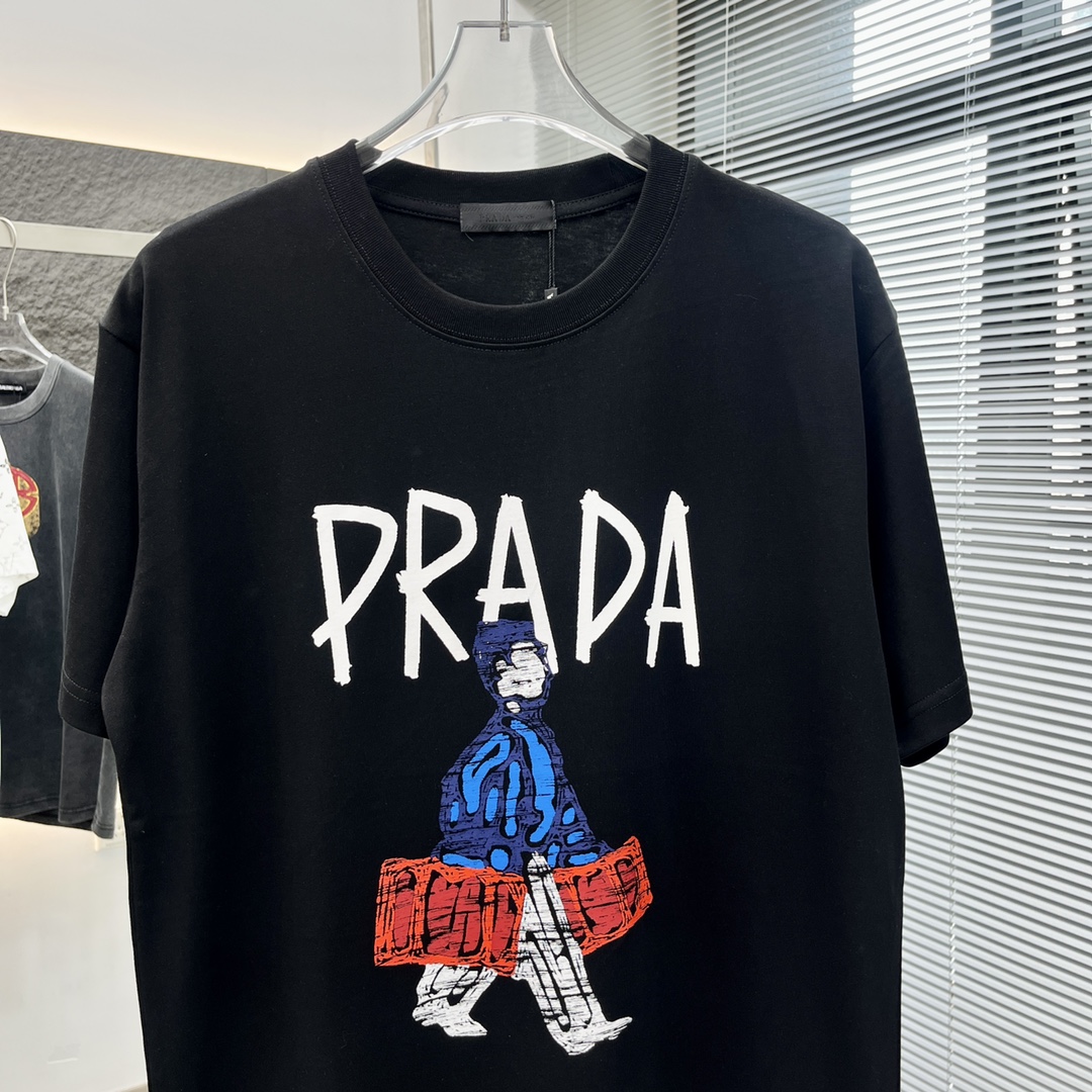 prada t シャツ レディースコピー Ｔシャツ 純綿 トップス 半袖 プリント カジュアル ブラック_2