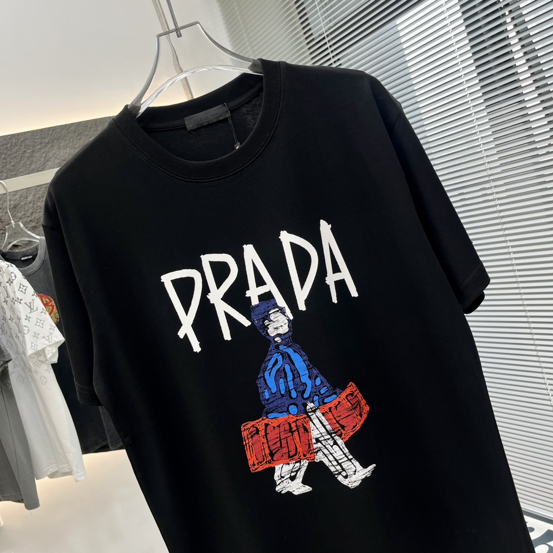 prada t シャツ レディースコピー Ｔシャツ 純綿 トップス 半袖 プリント カジュアル ブラック_4