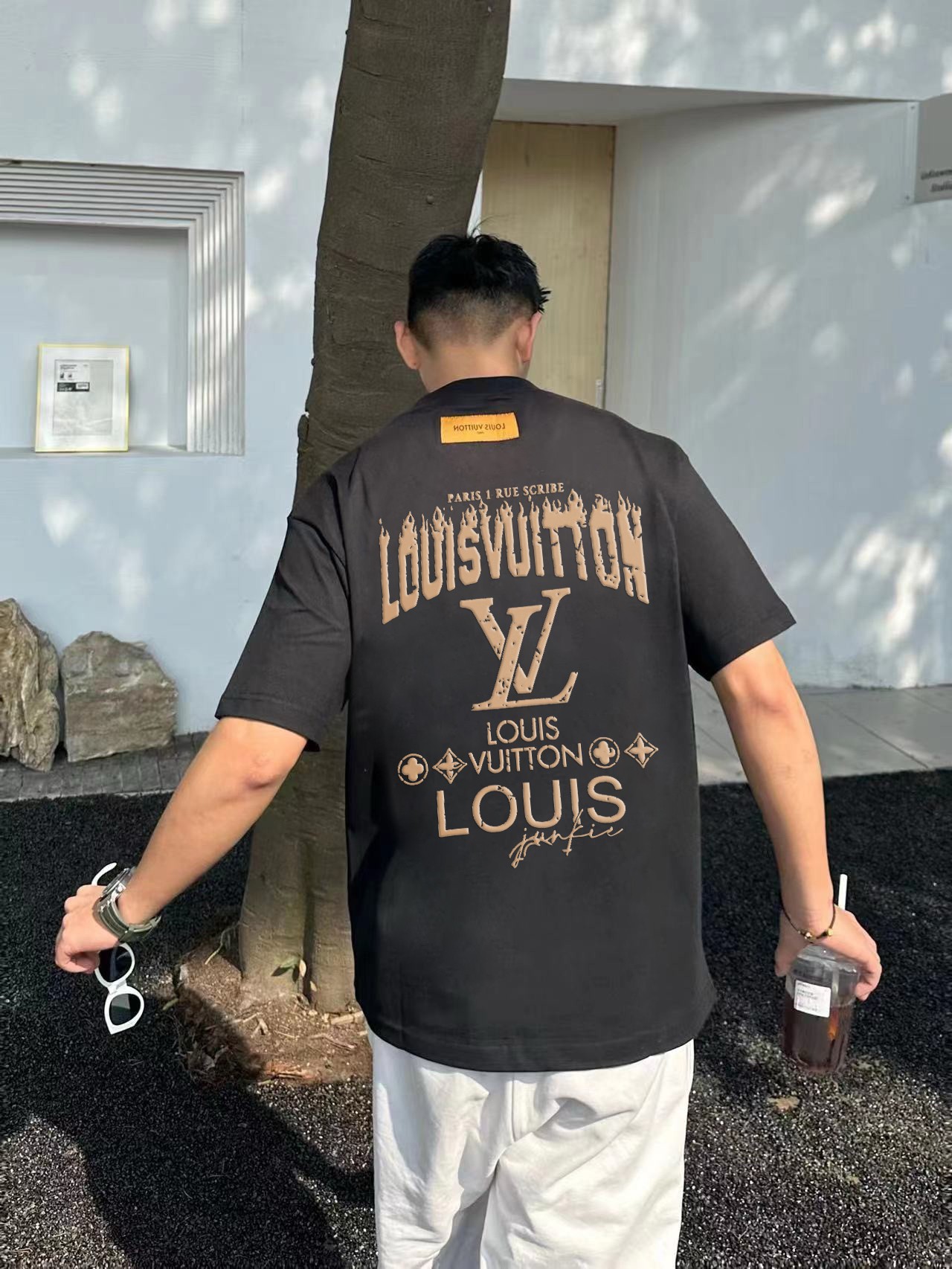 レディース ルイヴィトンtシャツ偽物 シンプル 純綿 トップス 半袖 プリント ブラック_3