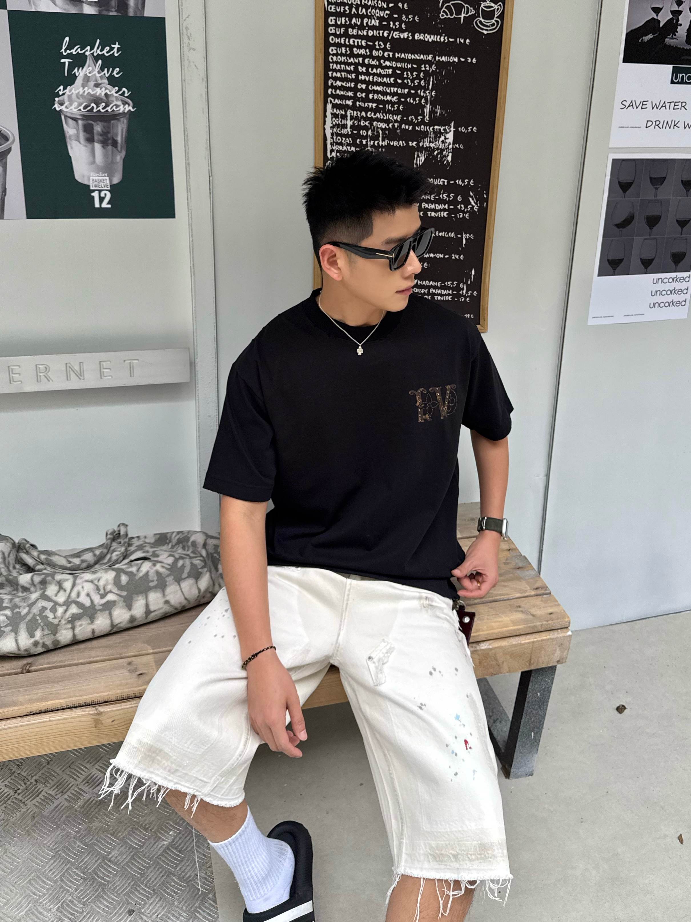 メルカリ ルイヴィトンtシャツ激安通販 シンプル 純綿 トップス 半袖 プリント ブラック_3