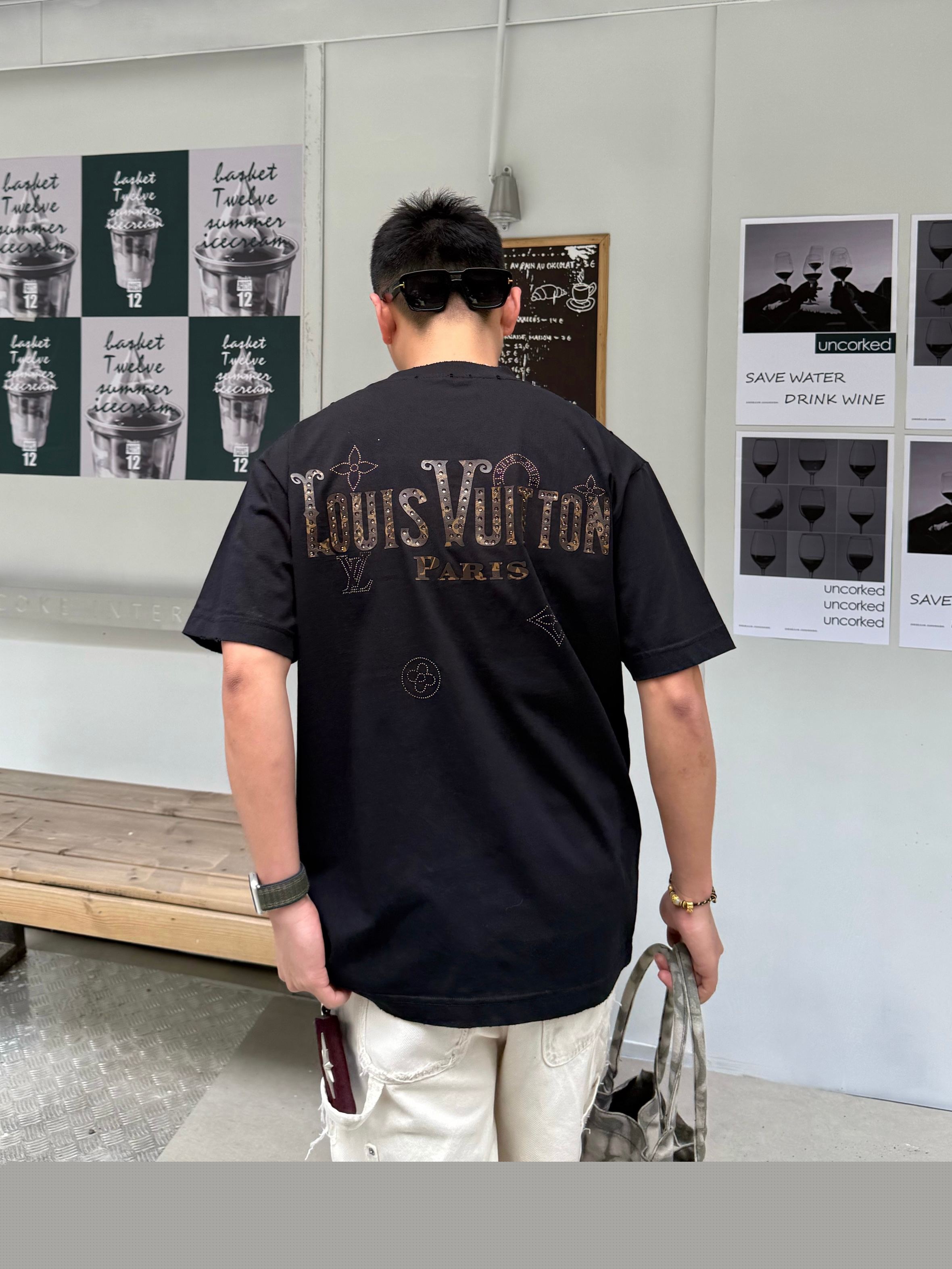メルカリ ルイヴィトンtシャツ激安通販 シンプル 純綿 トップス 半袖 プリント ブラック_4