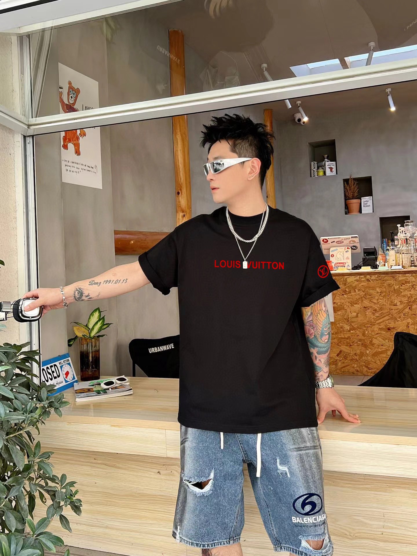 高品質 tシャツ ルイヴィトンコピー プリント シンプル 綿100％ 半袖トップス ゆったり ブラック_1
