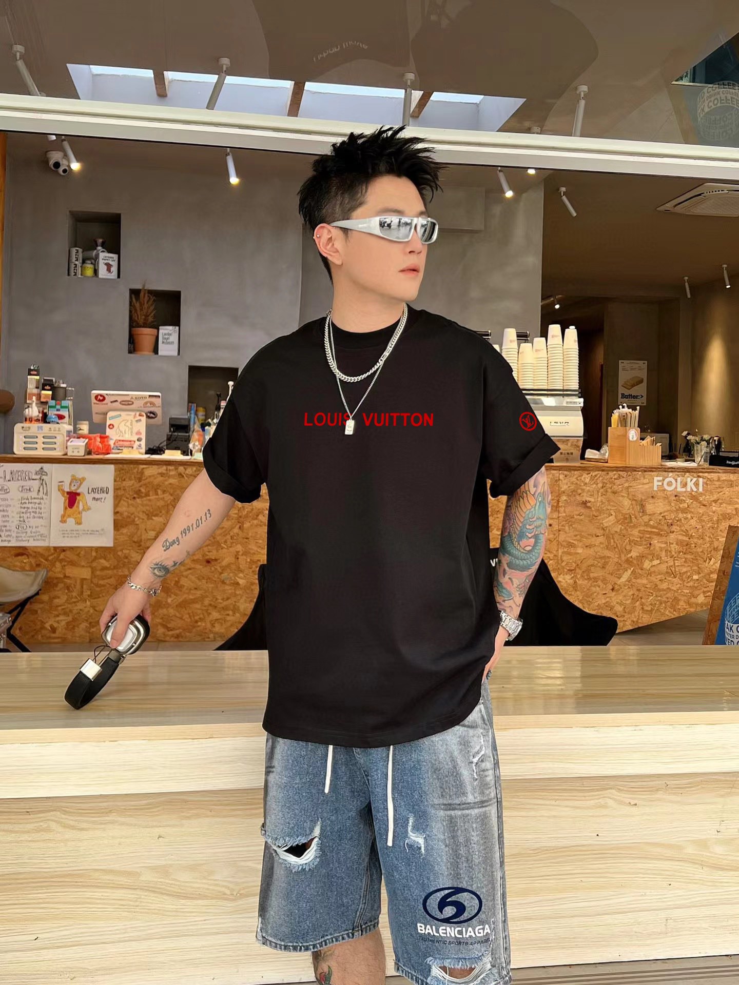 高品質 tシャツ ルイヴィトンコピー プリント シンプル 綿100％ 半袖トップス ゆったり ブラック_3