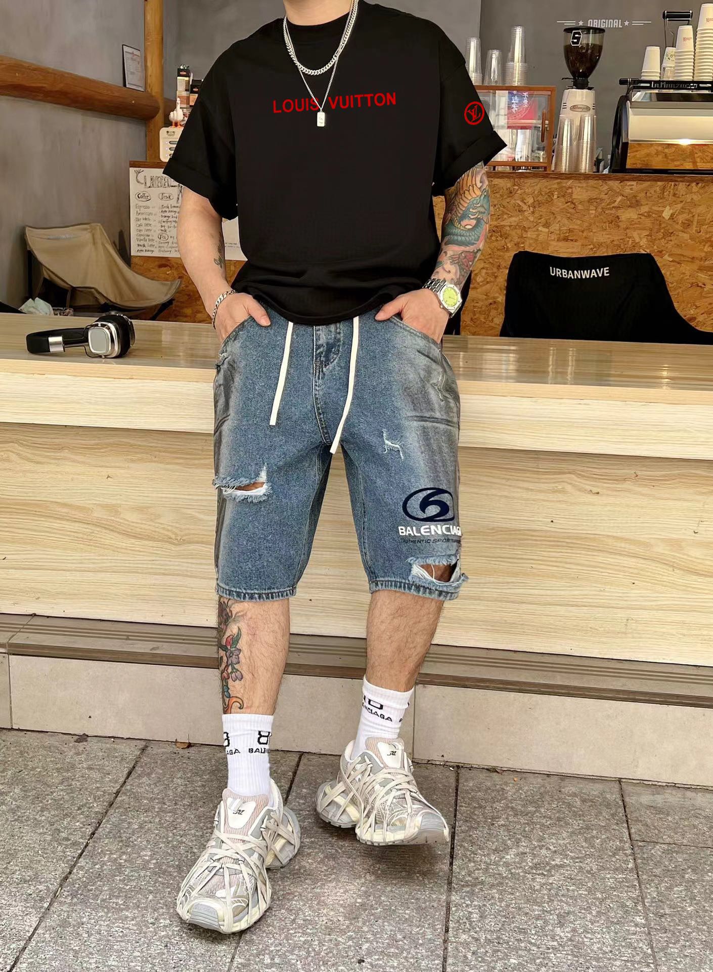 高品質 tシャツ ルイヴィトンコピー プリント シンプル 綿100％ 半袖トップス ゆったり ブラック_4