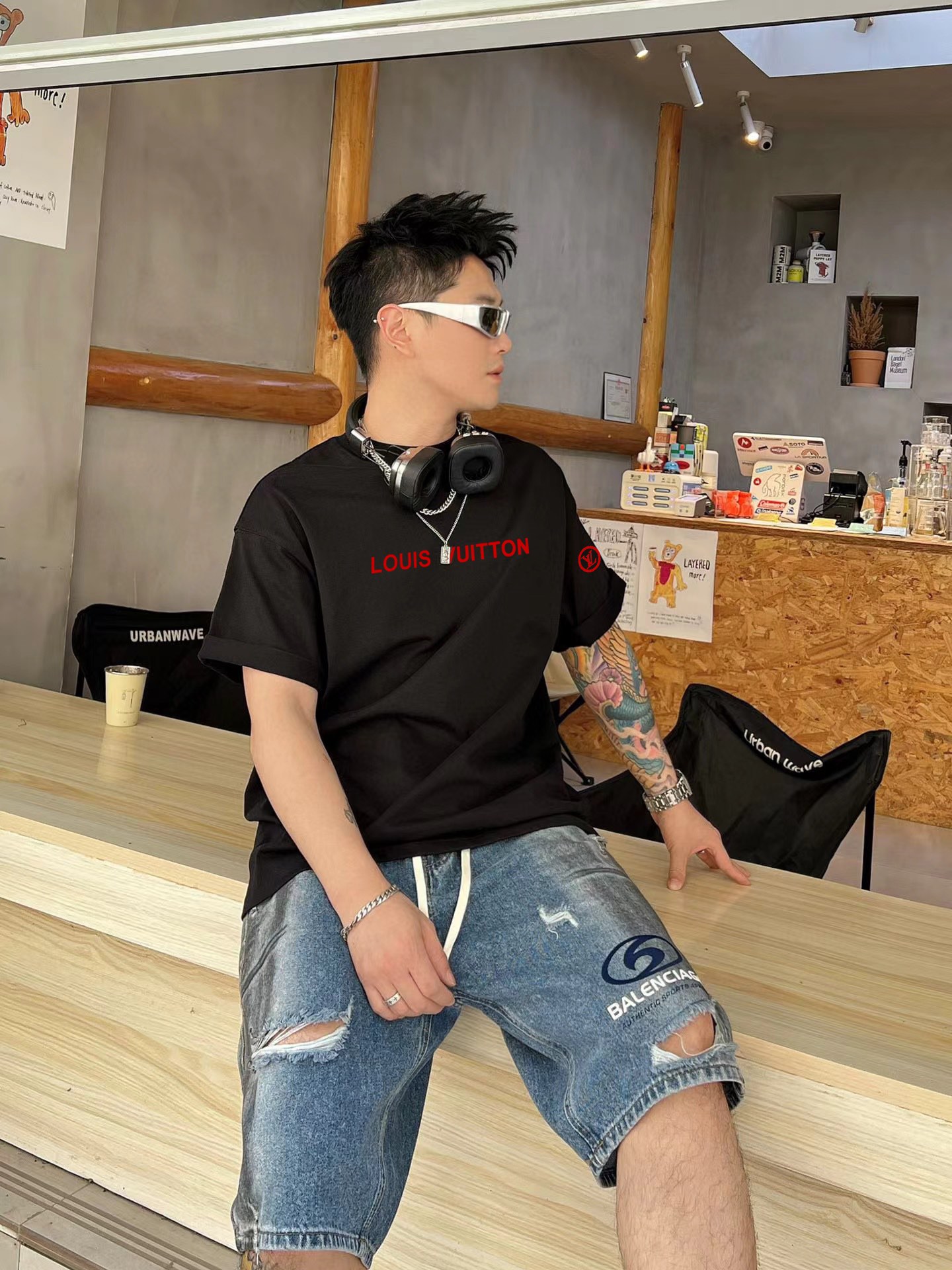 高品質 tシャツ ルイヴィトンコピー プリント シンプル 綿100％ 半袖トップス ゆったり ブラック_7