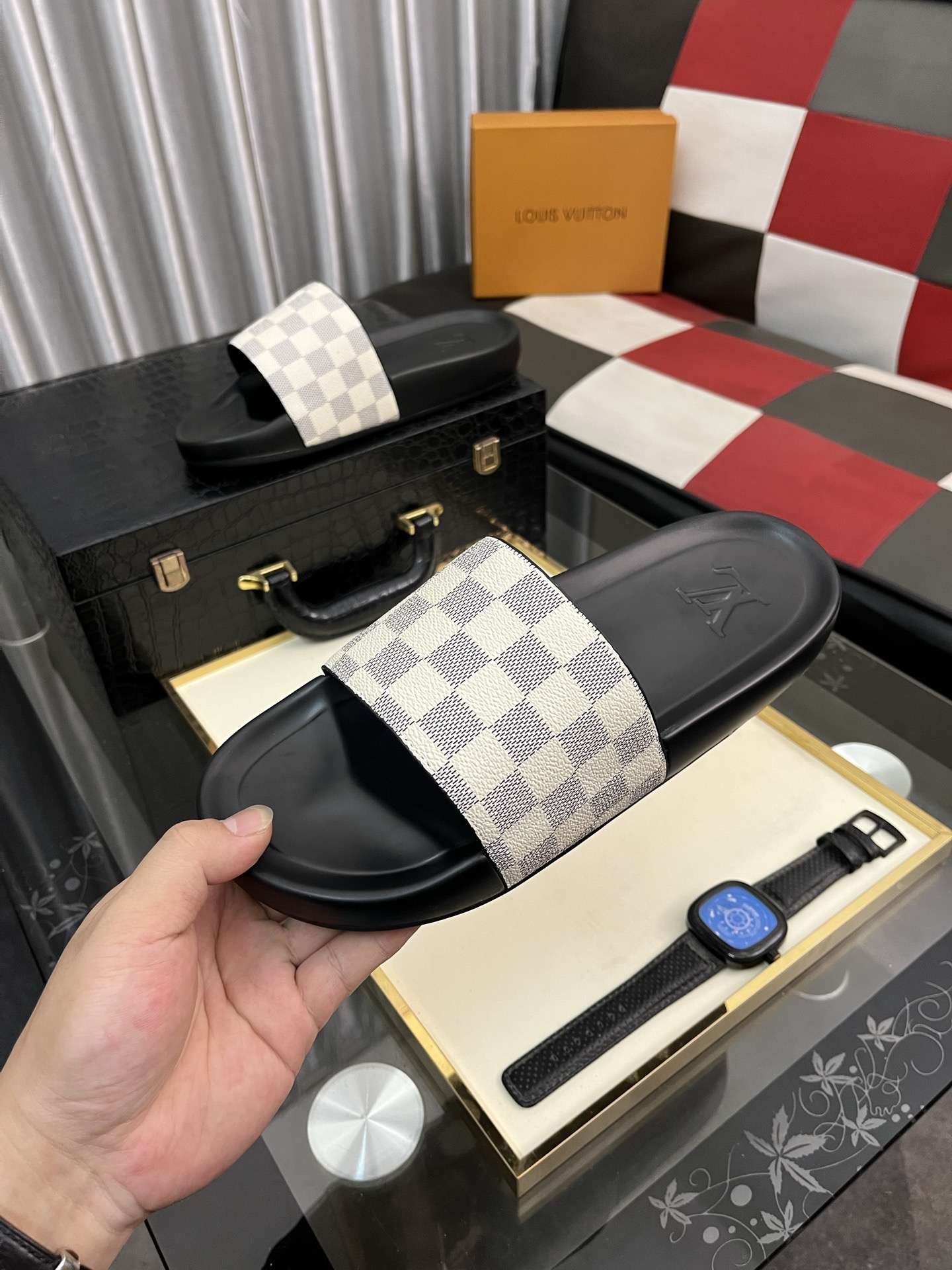 LV サンダルヒールコピー スリッパ  カジュアル 室内 格子模様 メンズ グレー_4